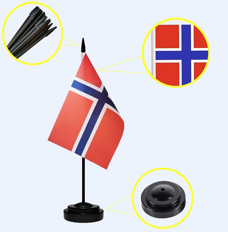 tibijoy Norway Flags Norwegian Desk Flags Set Small Mini Norway Flags Table Flag with 13" Black Pole, Black Base and Spear Top, Miniature Norwegian Deluxe Desktop Flag, Home Decoration, Office Decoration, Festival Celebrations(12 Pack ) - Image 3
